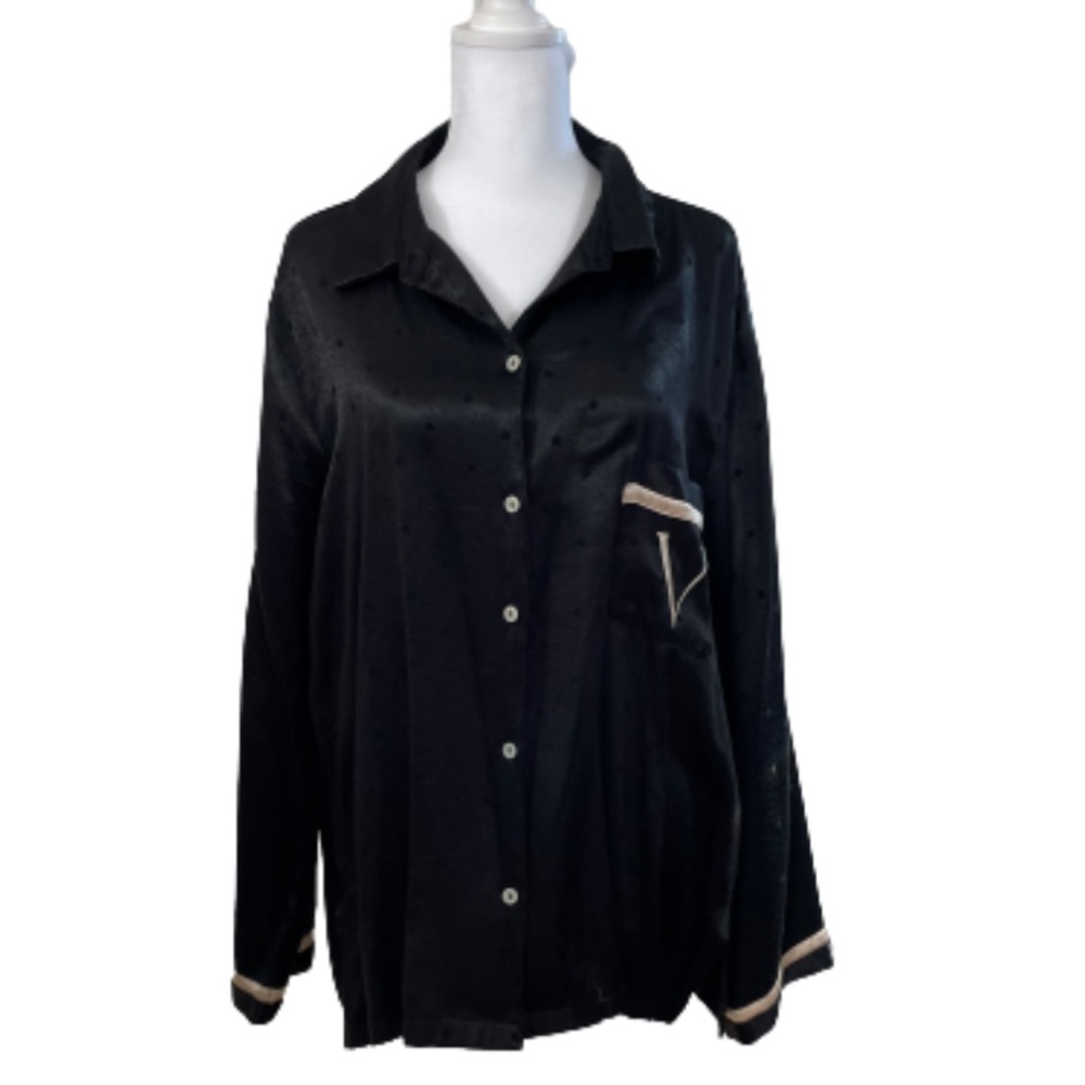 Victoria's Secret Satin Afterhours Black Polka Dot Pajama Shirt Button Up Top